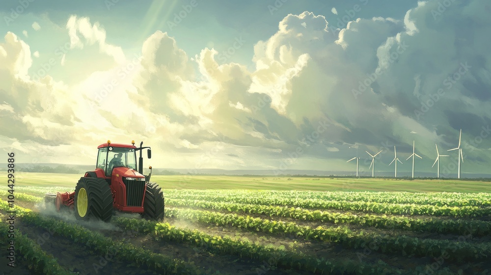 Fototapeta premium Tractor in a Field with Wind Turbines