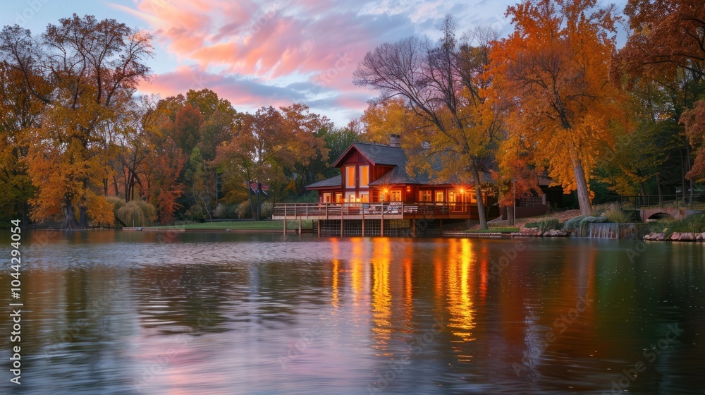 Fototapeta premium Cabin by the Lake at Sunset