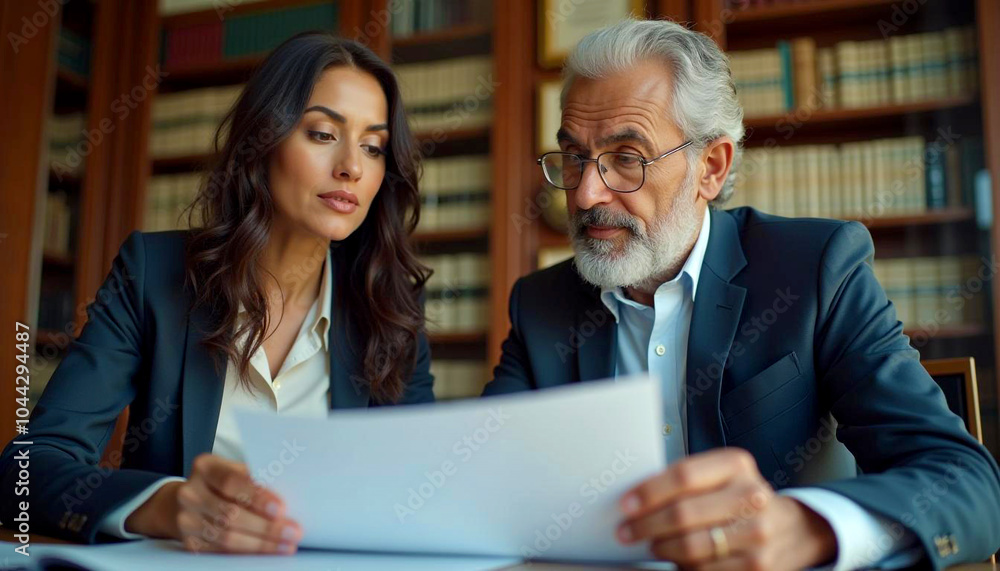 Two business professionals going over financial and legal papers in a modern office, executives and a lawyer discussing financial documents in a modern office setting. 