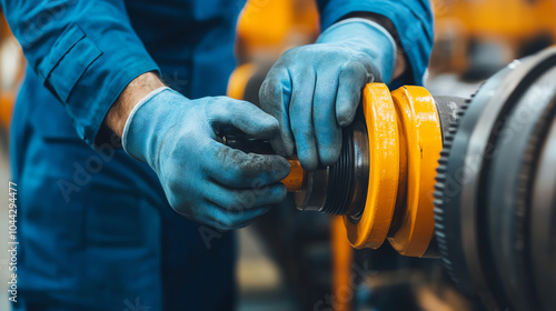 A technician wearing gloves is assembling machinery components in a workshop. The focus is on hands handling mechanical parts with precision.