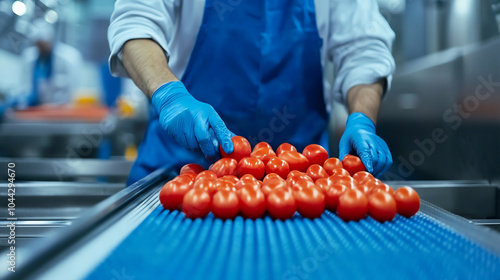 Obraz na płótnie A worker in gloves arranging fresh red tomatoes on a conveyor belt in a food processing facility, emphasizing hygiene and quality control. w salonie