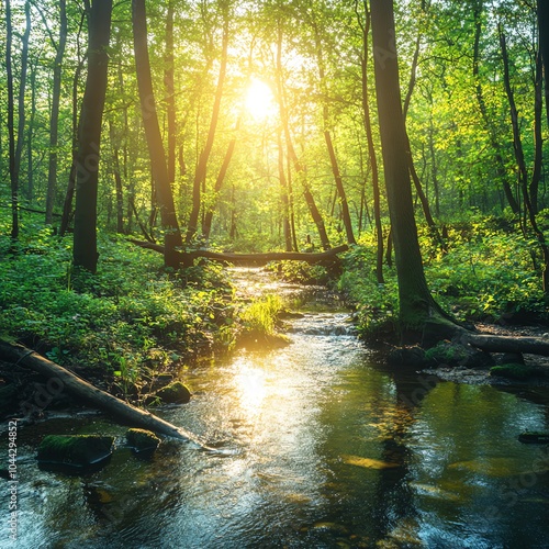 Wallpaper Mural A scenic landscape of a lush forest with a clear stream running through it, Torontodigital.ca