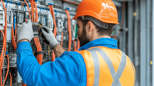 Electrician working on circuit panel, adjusting wires and connections. Safety gear, orange helmet, focused on technical tasks.