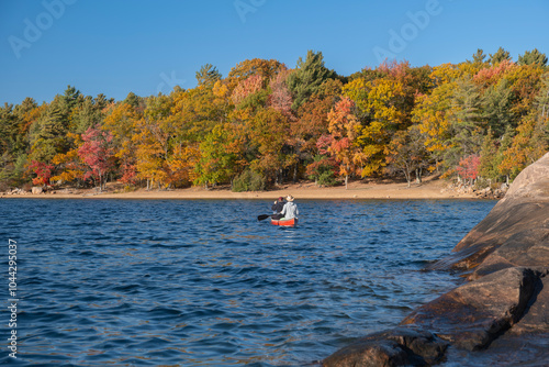 Couple paddling in a canoe on clear water lake, colorful fall trees with yellow, red, orange leaves along the shore in the background, sunny day, blue sky. Killbear Provincial Park, Ontario, Canada. photo