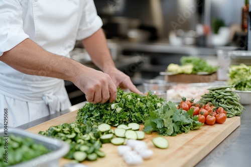 Chef preparing fresh ingredients for a meal on a cutting board in a professional kitchen.