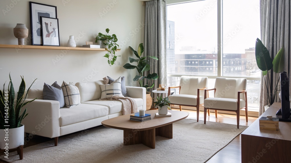 Fototapeta premium Contemporary Modern living room with white sofa, coffee table, two chairs, plants, and large windows.