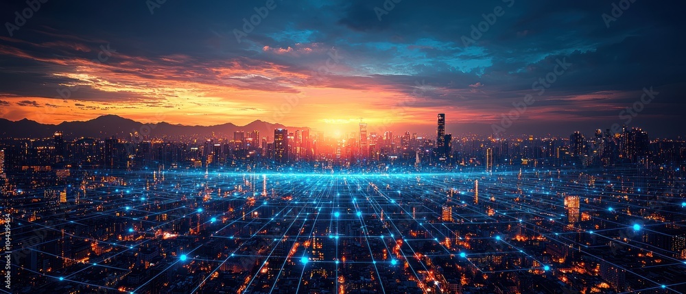 Fototapeta premium Cityscape with Illuminated Buildings and Digital Network Connections at Sunset