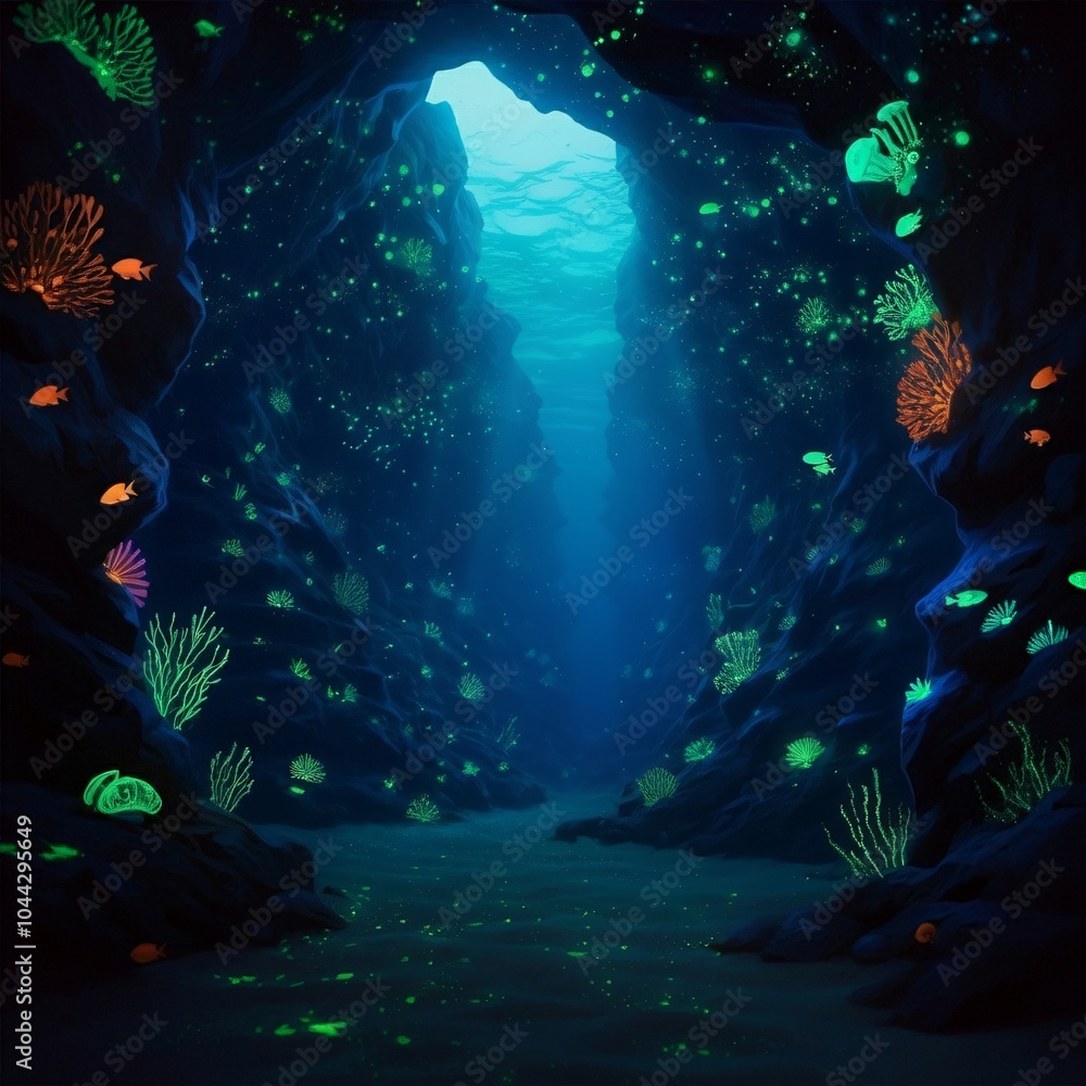 Obraz premium Mystical underwater cave with glowing sea creatures