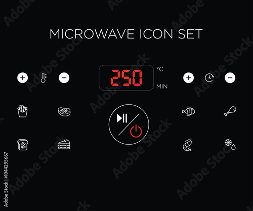 Microwave Control Panel Icon Set with Digital Display and Kitchen Appliance Symbols