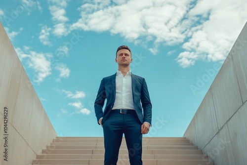 Confident businessman on staircase symbolizes career success, ambition, and hard work payoff. photo