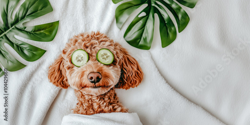 Cute labradoodle dog relaxing with cucumber slices in a spa, Beauty grooming wallpaper with copy space. Advertisement for sales and promotions