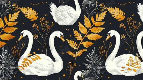 Elegant White Swans and Golden Foliage Pattern photo