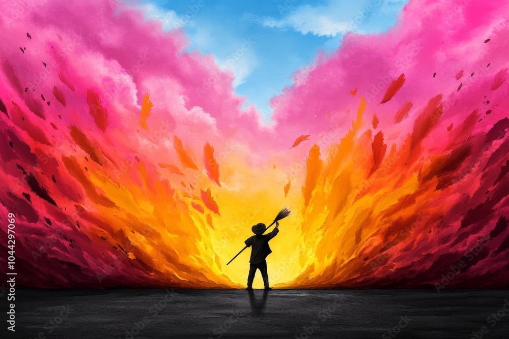 Fototapeta premium Watercolor depiction of an artist creating a colorful painting, with bright, expressive brushstrokes symbolizing the flow of inspiration and creativity