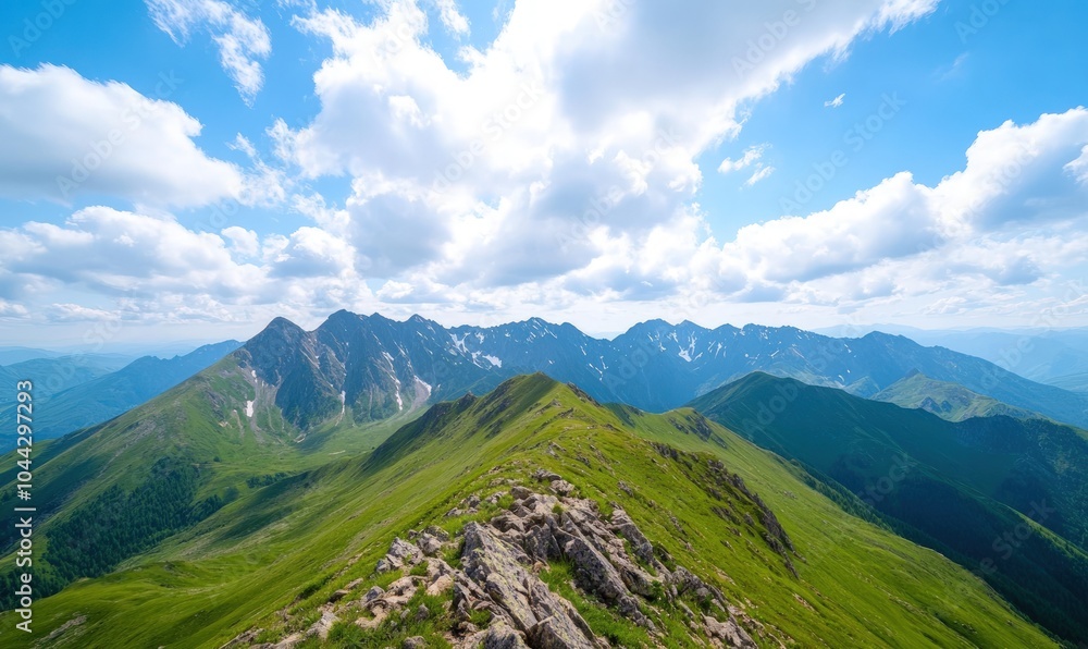 Obraz premium A panoramic view of a mountain range with green grass and snow-capped peaks under a blue sky with white clouds.