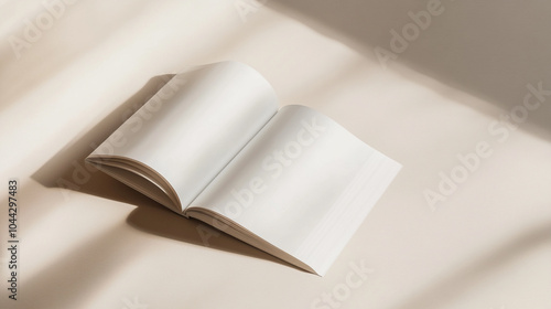 A serene minimalist composition featuring an open magazine on a soft surface with gentle shadows and natural light