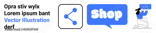 Four panels with a text block, social sharing icon, shop bubble, and person coding on a computer. Ideal for social media, e-commerce, programming, technology, and web development. Banner for landing