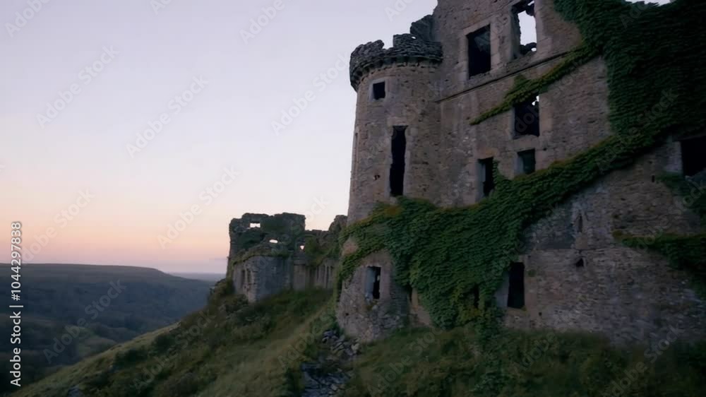 A hauntingly beautiful view of an overgrown, abandoned castle perched on a hilltop. A hauntingly beautiful view of an overgrown, abandoned castle perched on a hilltop.