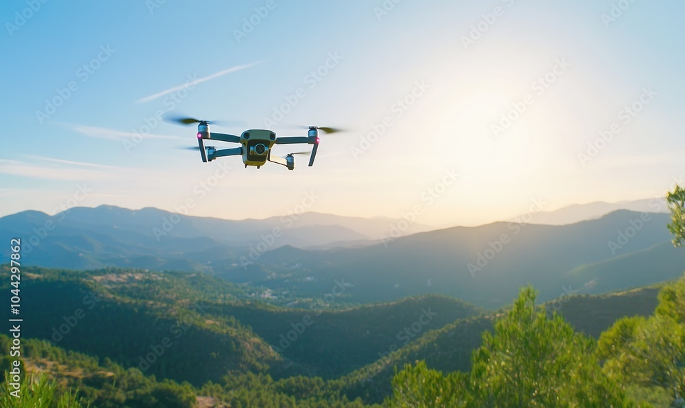A drone flying over a mountain range at sunset. A drone flying over a mountain range at sunset.