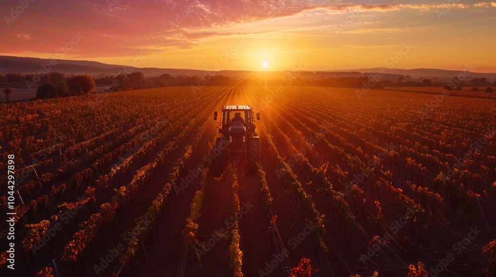 Tractor in Vineyard at Sunset Tractor in Vineyard at Sunset