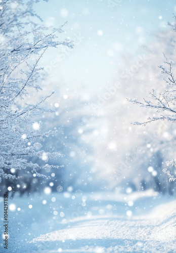 A serene winter wonderland captivating snowy landscape with softly blurred trees and gentle snowfall capturing tranquility