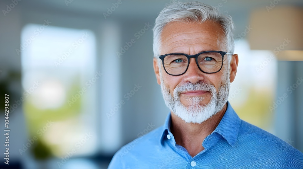 Fototapeta premium Cheerful confident man in glasses standing in a sunlit room soaking in the warm glowing natural light and feeling content and relaxed in the peaceful modern office environment