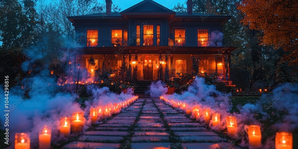 A Haunted Victorian House with a Path of Candles and Fog A Haunted Victorian House with a Path of Candles and Fog