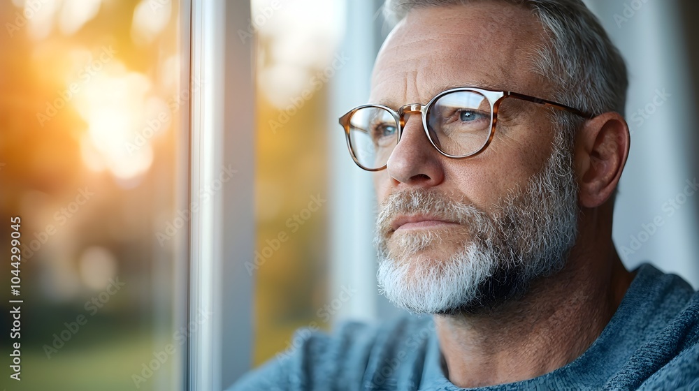 A man in glasses sitting in a cozy indoor space as soft warm sunlight streams through the window casting gentle shadows around him and creating a peaceful serene ambiance He appears relaxed content A man in glasses sitting in a cozy indoor space as soft warm sunlight streams through the window casting gentle shadows around him and creating a peaceful serene ambiance He appears relaxed content