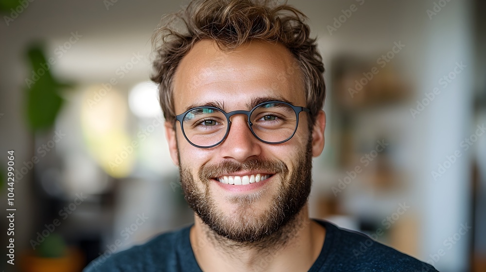 A joyful and content man with glasses standing in the warm inviting indoor sunlight exuding a peaceful and serene expression on his face A joyful and content man with glasses standing in the warm inviting indoor sunlight exuding a peaceful and serene expression on his face