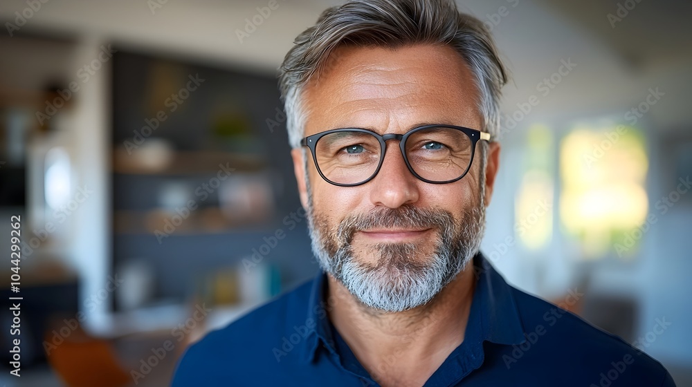 A cheerful man wearing glasses is standing in a sunlit corner of his comfortable home enjoying the warm and peaceful atmosphere of the indoor sunshine A cheerful man wearing glasses is standing in a sunlit corner of his comfortable home enjoying the warm and peaceful atmosphere of the indoor sunshine