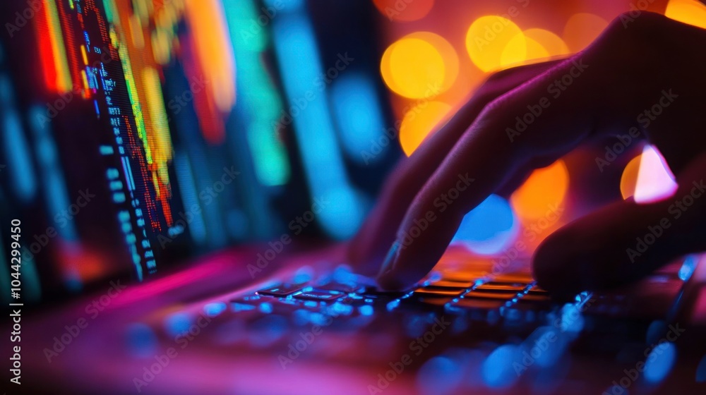 Close-up of Hand Typing on Laptop Keyboard with Stock Market Data Displayed on Screen Close-up of Hand Typing on Laptop Keyboard with Stock Market Data Displayed on Screen