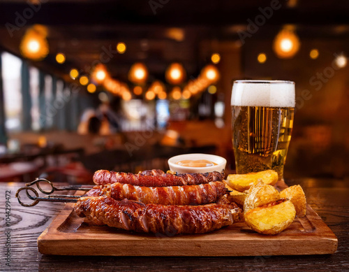 Grilled German sausages in skewers, french fries and a glass of beer on a wooden board in a pub photo