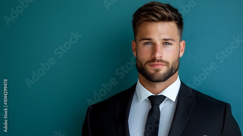 Confident and Sophisticated Corporate Gentleman Stands Tall in a Sleek Fitted Black Suit Against a Minimalist Teal Background Highlighting His Sharp Modern Look