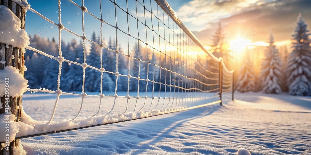 Snow-Covered Volleyball Net in Winter Landscape with Bokeh Effect for Nature Minimalism Photography Snow-Covered Volleyball Net in Winter Landscape with Bokeh Effect for Nature Minimalism Photography