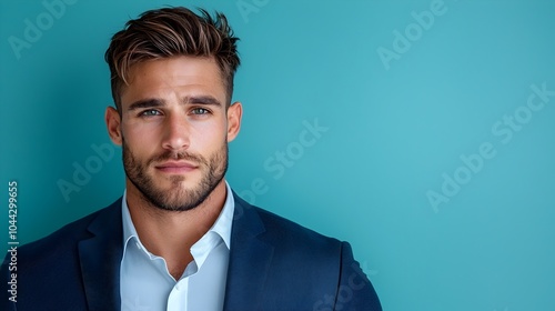 A dapper well dressed man in a sharp fitted suit poses confidently on a teal colored minimalist background embodying the essence of contemporary sophisticated style and fashion photo