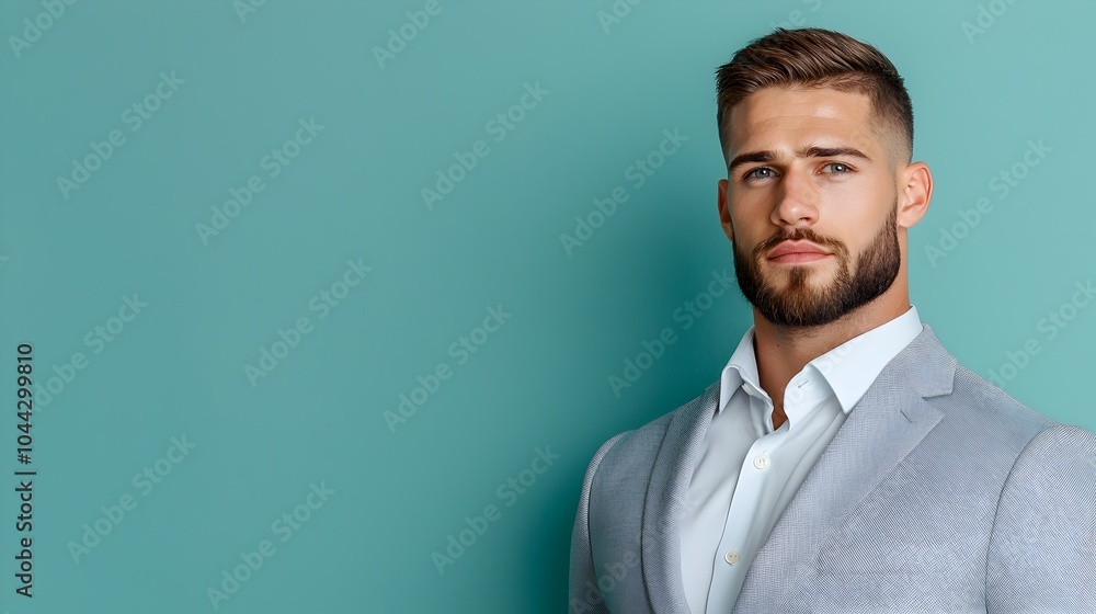 Confident Elegant Businessman Stands Proudly on a Minimalist Teal Background Highlighting His Polished Professional Appearance and Poise Confident Elegant Businessman Stands Proudly on a Minimalist Teal Background Highlighting His Polished Professional Appearance and Poise
