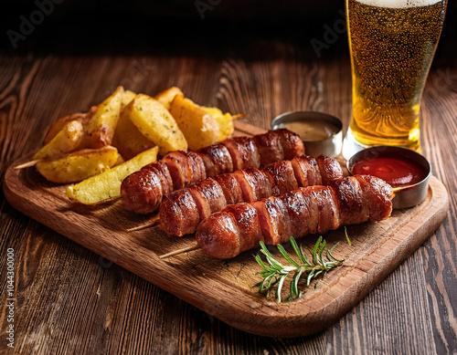 English bacon wrapped in grilled sausages with french fries and a mug of beer on wooden table photo