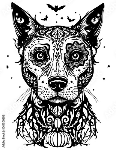 bold and detailed Sugar Skull SVG featuring a cat and a dog with intricate Halloween-themed patterns. Both the cat and dog should be in the traditional sugar skull style, with elaborate floral and ske