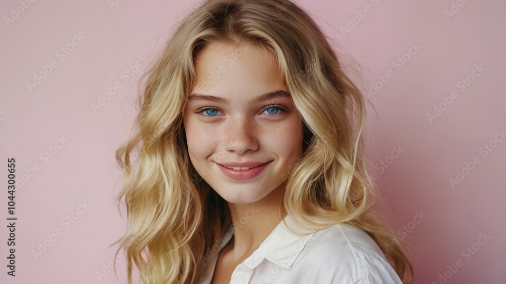 Portrait of blonde woman with natural makeup and soft smile Portrait of blonde woman with natural makeup and soft smile