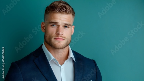 A well dressed confident business professional posing in a sleek modern slim cut suit against a teal background embodying a sophisticated and contemporary aesthetic for corporate or commercial use photo