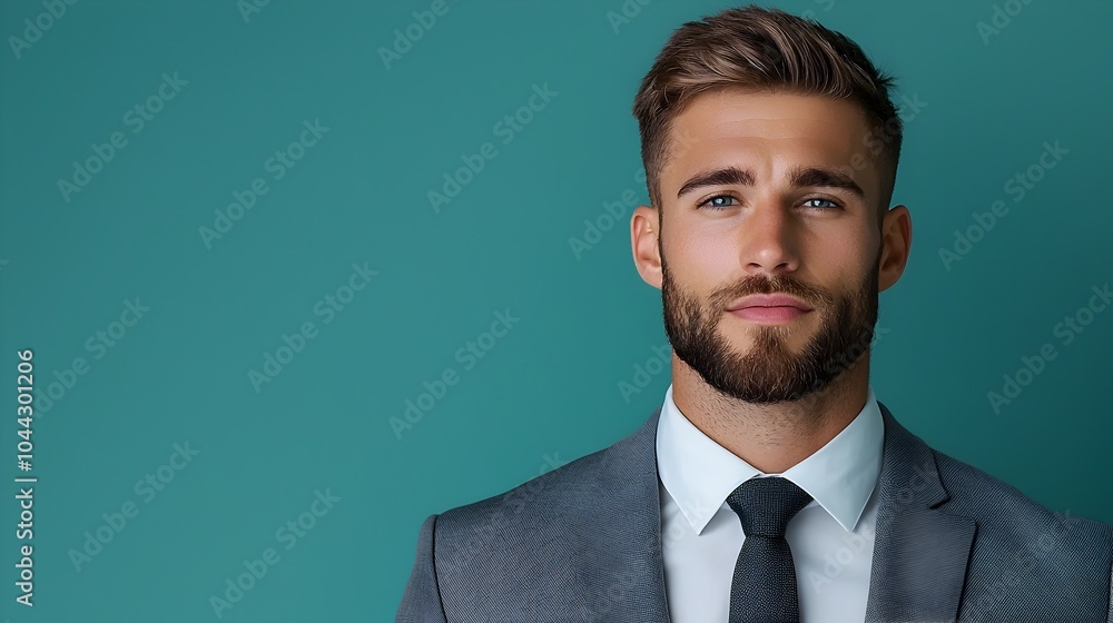 Confident and stylish businessman posing in a sleek tailored suit against a smooth teal background embodying sophistication poise and a commanding presence Confident and stylish businessman posing in a sleek tailored suit against a smooth teal background embodying sophistication poise and a commanding presence