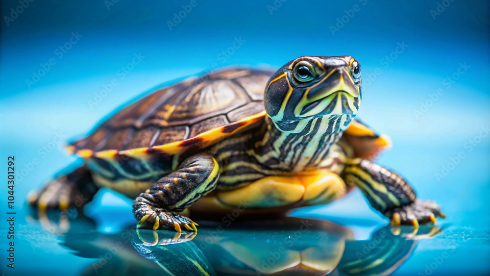Fototapeta premium vibrant turtle with intricate shell patterns stands poised against a striking blue backdrop.