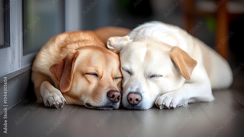 Two dogs their tails gently entwined curled up together in a peaceful moment of shared rest and quiet companionship on the soft warm floor Two dogs their tails gently entwined curled up together in a peaceful moment of shared rest and quiet companionship on the soft warm floor