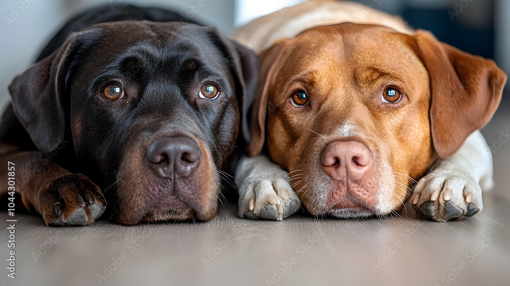 Two Loyal Dogs Lying Side by Side on a Comfortable Home Floor Sharing a Peaceful and Intimate Moment of Trust and Companionship Two Loyal Dogs Lying Side by Side on a Comfortable Home Floor Sharing a Peaceful and Intimate Moment of Trust and Companionship