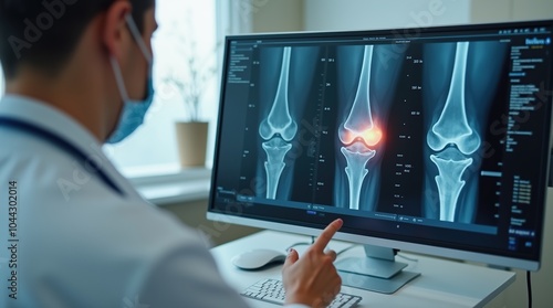 Doctor Conducting Ultrasound Examination of Knee Joint X-ray Display