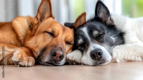 Two adorable dogs curled up together on a carpeted floor their heads close in a peaceful and affectionate moment of rest and companionship