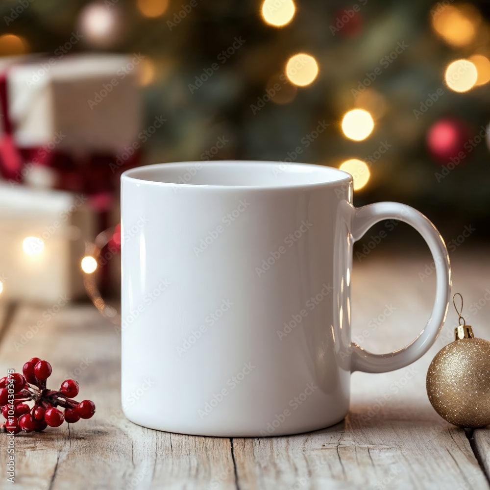 Blank white mug on table with decorations and gift boxes in soft bokeh background. Blank white mug on table with decorations and gift boxes in soft bokeh background.