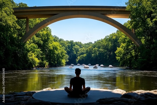 A person watching boats pass under a bridge, reflecting on the ebb and flow of life and feeling gratitude for its lessons photo