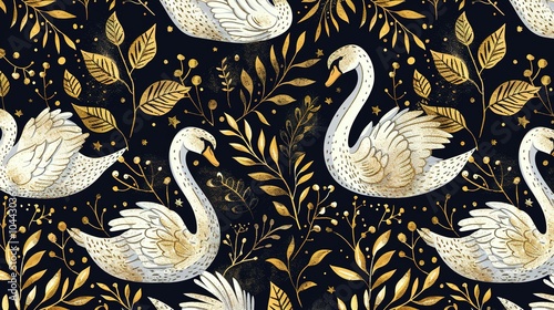 Fototapeta Naklejka Na Ścianę i Meble -  Golden Swans and Foliage Seamless Pattern