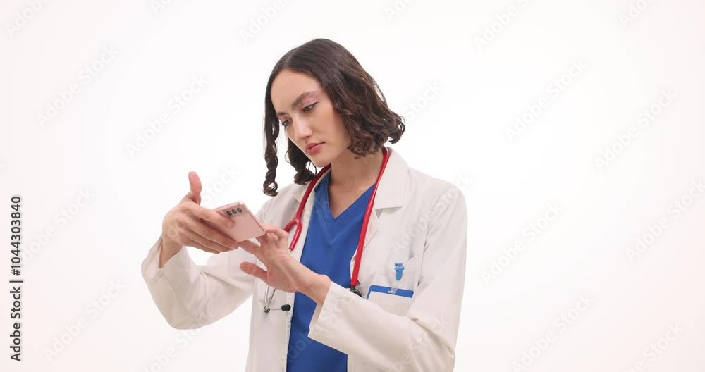 Female doctor in coat interacts via smartphone on white background. Integration of communication technology in healthcare service slow motion Female doctor in coat interacts via smartphone on white background. Integration of communication technology in healthcare service slow motion