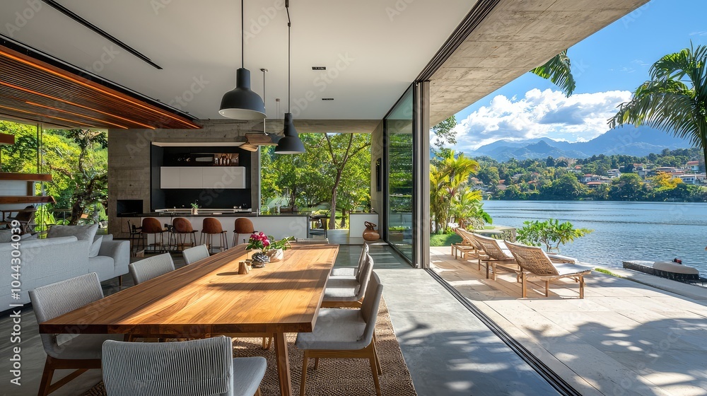 Obraz premium Modern Villa with Open Plan Living Area by Water